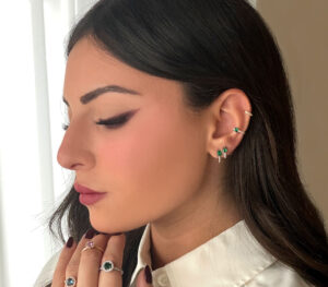 Boucles d'oreille et earcuff Just Joy Spring Tourmaline verte et diamants en or 18 carats