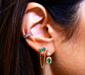 Ear cuff spring et puce d'oreille just joy three spring en or rose portées